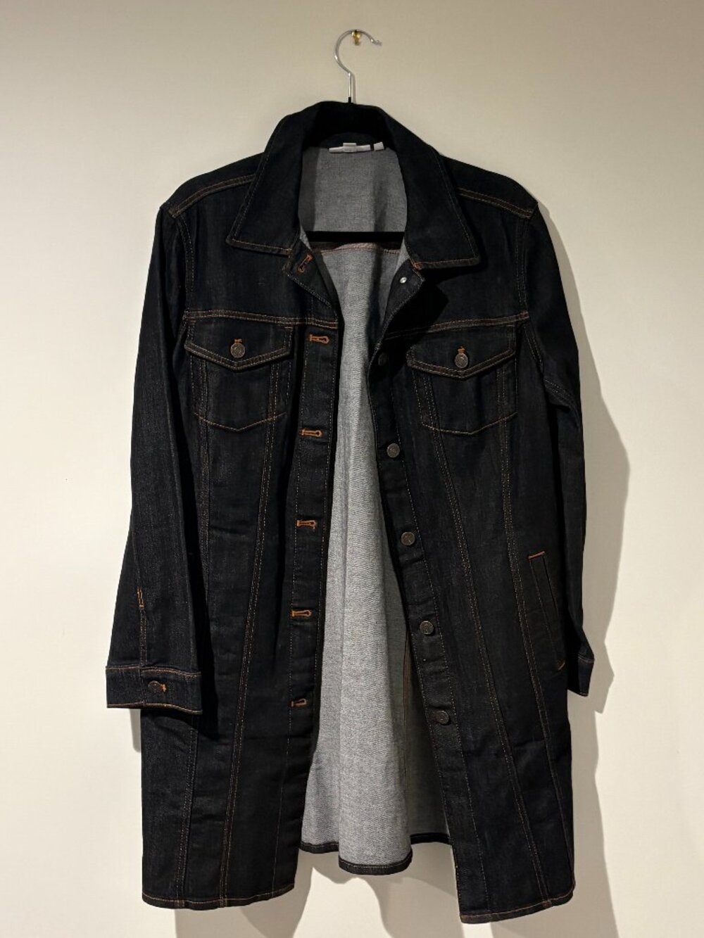 Chico's Long Dark Denim Buttoned Jacket